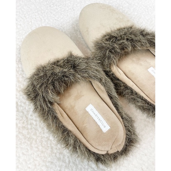 CHARTER CLUB • Cream/Brown Faux Fur Trimmed House Slippers - Picture 13 of 16